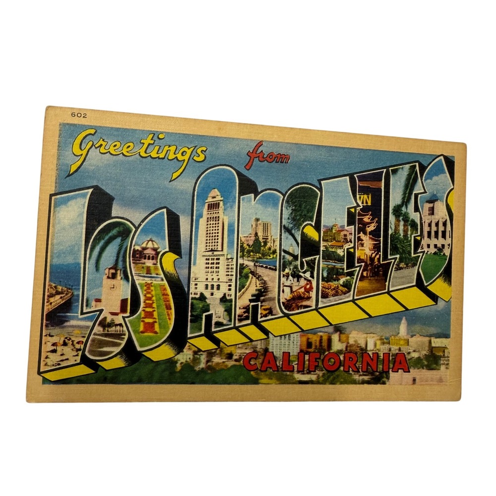 Vintage Greetings from Long Beach California Large Letter Linen Postcard